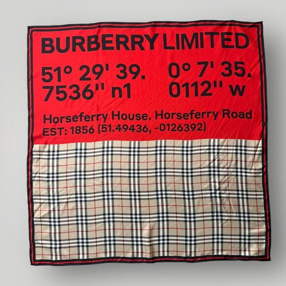 Burberry Accessories - Burberry Silk Scarf 90x90 Horseferry Coordinates Logo Check Italy